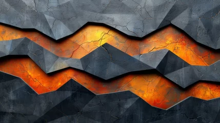 Fotobehang Black and orange polygons with golden glow lines on dark steel mesh background. © Anastasia