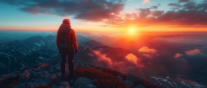 A paraglider against the backdrop of a vivid sunset the textures of the landscape highlighted from above