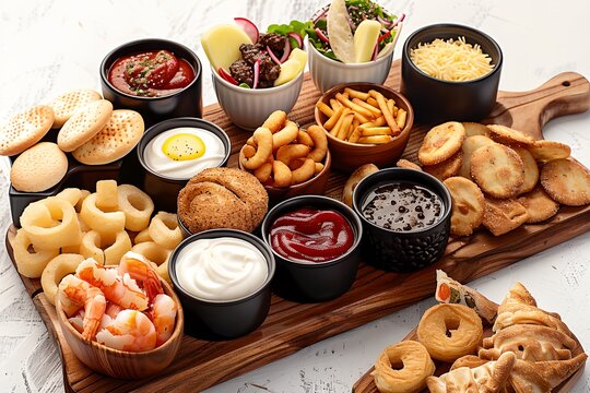 Board with variety of fast food items and snacks, offering a tempting selection for quick bites and indulgence.