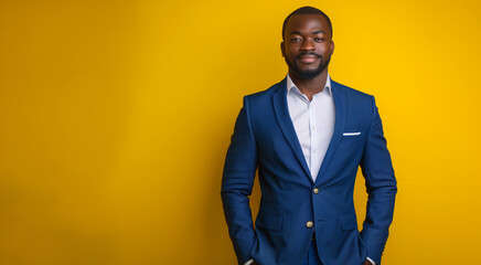 Portrait of a confident African American businessman in dark blue suit on a yellow studio background	
