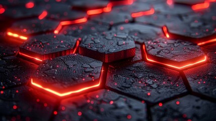 The abstract black and red polygons are sprinkled with red glow lines on a dark steel mesh background with free room for design. The background is a modern technology innovation concept... - obrazy, fototapety, plakaty