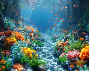 Fototapeta na wymiar A serene 3D underwater scene featuring a coral reef teeming with diverse marine life emphasizing biodiversity and Calming Rhythms
