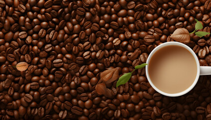 Coffee beans background with cup of coffee top view
