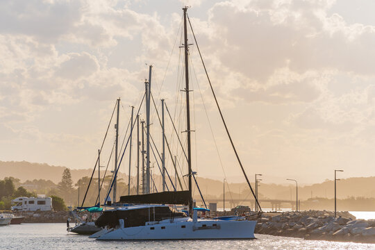 Tall masts on a row of yachts moored at a coastal marine with hazy clouds overhead