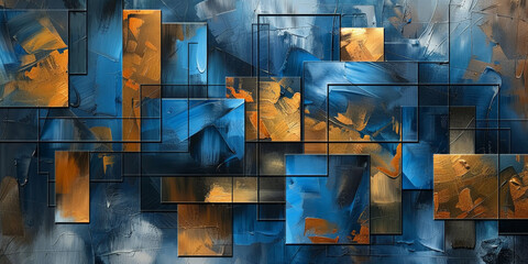 Abstract Blue and Gold Geometric Painting,.abstract wall art of geometric squares in black and gold blue texture background