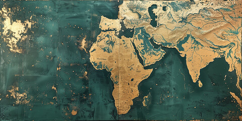 Antique Patina: World Map with Golden Contours on Aged Teal Background