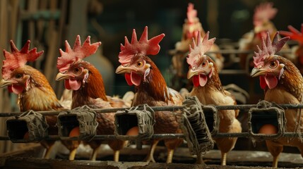 Group of wary brown chickens with red combs and wings, housed in a wood and wire mesh coop - obrazy, fototapety, plakaty
