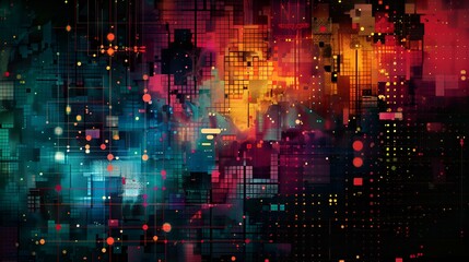 Fototapeta premium This image features a dazzling digital cityscape with a fusion of bright colors and geometric patterns, symbolizing a bustling urban life