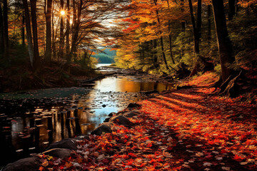 A picturesque autumn scene leaves ablaze with vibrant hues on the forest floor.