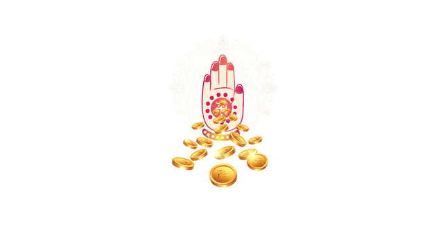 Akshaya tritiya gold coins with money goddess laxmi blessing hand. Indian hindu dhanteras festival.