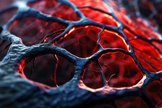 Close-up conceptual image of human blood vessels illuminated from within.