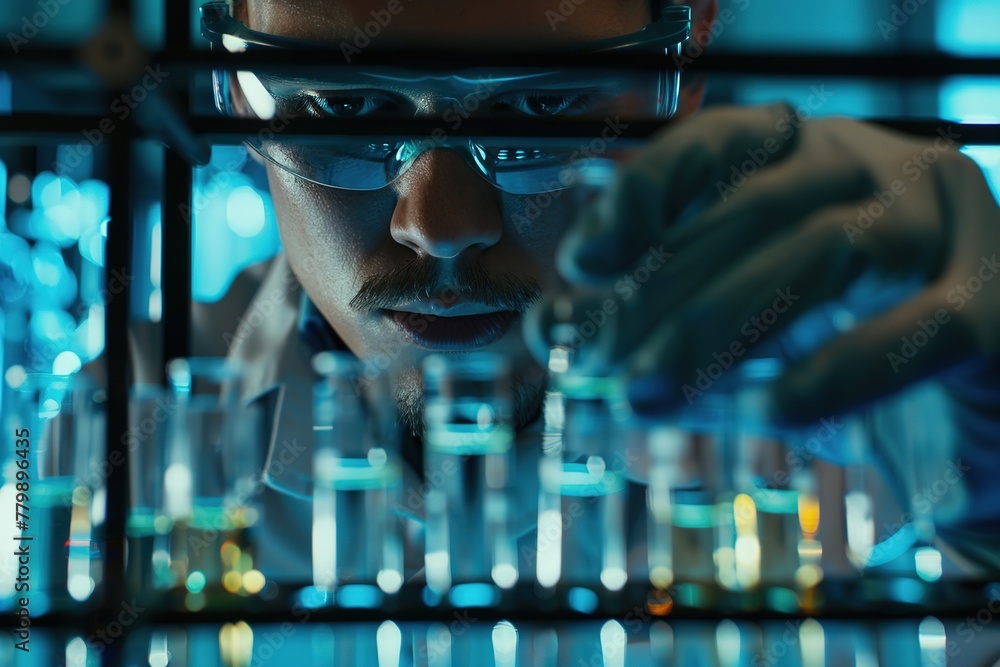 Poster scientist with test tubes in a lab.