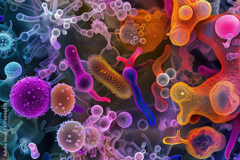 Poster vibrant 3d render of various microorganisms, bacteria and viruses in a microscopic view.