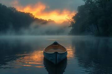 A tranquil canoe trip on a misty morning the water and surrounding nature cast in vivid dramatic lighting - obrazy, fototapety, plakaty