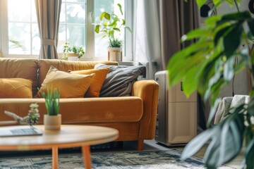 Portable air purifier running in a modern living room