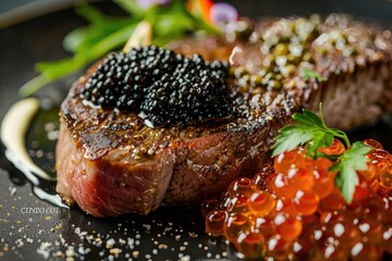 Gourmet fillet steak topped with caviar and fresh herbs on a plate