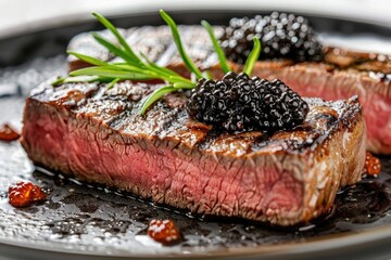 Gourmet fillet steak topped with caviar and fresh herbs on a plate