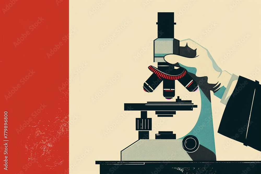 Aufkleber illustration of a hand using a microscope for scientific research with ample empty space.
