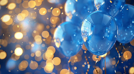 Close up of glossy blue balloons with sparkling ribbons set against a backdrop of soft glowing lights for a festive mood - obrazy, fototapety, plakaty