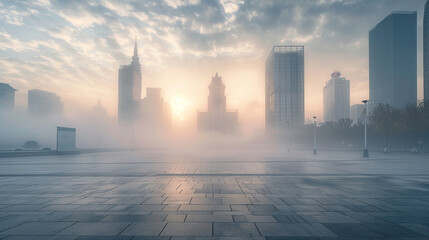 Early morning mist enveloping an empty square the outlines of the city buildings emerging in the background creating a scene of quiet anticipation
