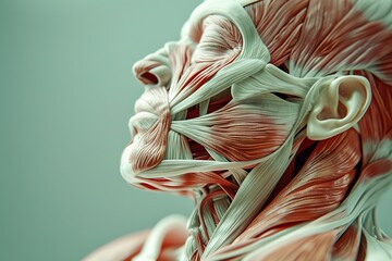 Obraz na płótnie Canvas 3D rendering of a detailed human muscle anatomy from a side profile.