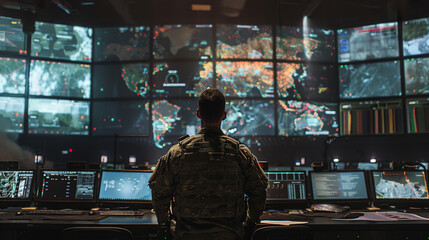 A panoramic view of a state of the art war room a soldier at the center coordinating operations via maps and screens conveying the scale of modern warfare planning - obrazy, fototapety, plakaty