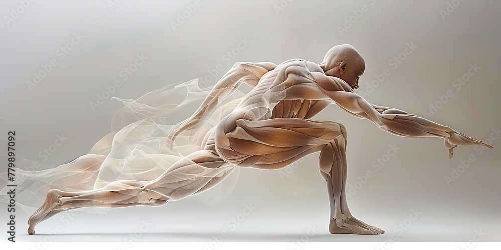 Poster digital rendering of a muscular human figure in a dynamic pose, illustrating motion and anatomy.