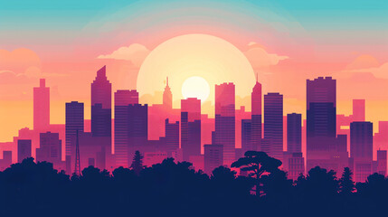 Minimalist cityscape with elongated shadows flat design and a warm sunset background conveying a serene urban end of day