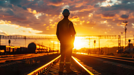 Silhouette of a man in a hard hat at sunset standing firmly in front of expansive train tracks embodying determination