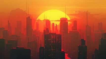 Stylized city under a big bold flat colored sun setting behind casting a golden hue over simple building outlines