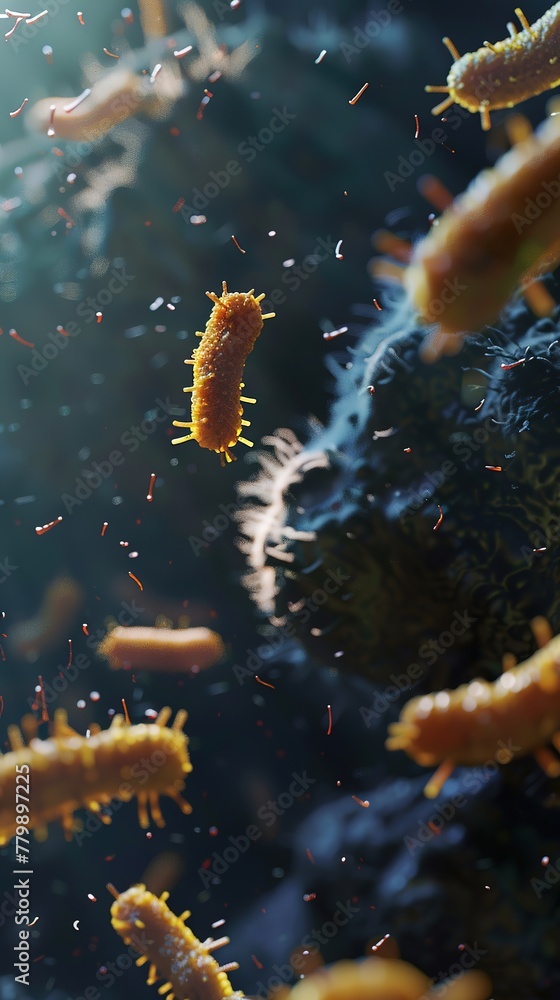 Poster 3d render of bacteria with flagella in a microscopic view.