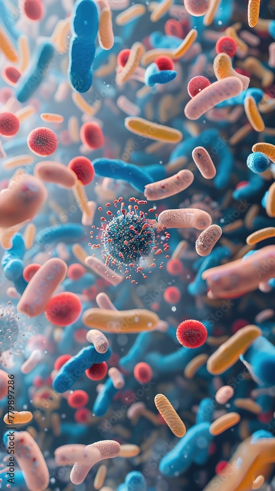 Aufkleber microscopic view of various colorful bacteria and virus cells in an abstract environment.