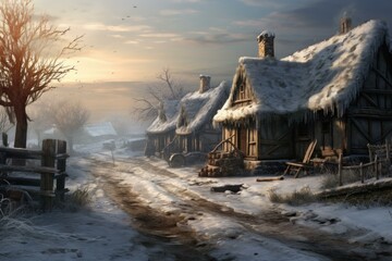 Isolated Rural winter landscape village house. Sunrise season. Generate Ai - obrazy, fototapety, plakaty