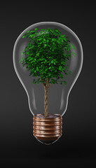 Green electric light bulb, clean energy, conceptual image, instead of an incandescent filament the glass bulb contains a plant, 3d rendering, 3d illustration