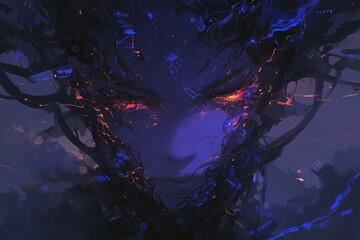 A digital artwork depicting an AI humanoid with glowing circuitry on its face, set against a backdrop of dark and futuristic technological elements. 