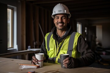 Portrait of a hispanic male construction worker having a coffee break