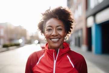 Fototapeta premium Portrait of a middle aged body positive woman in sportswear outside