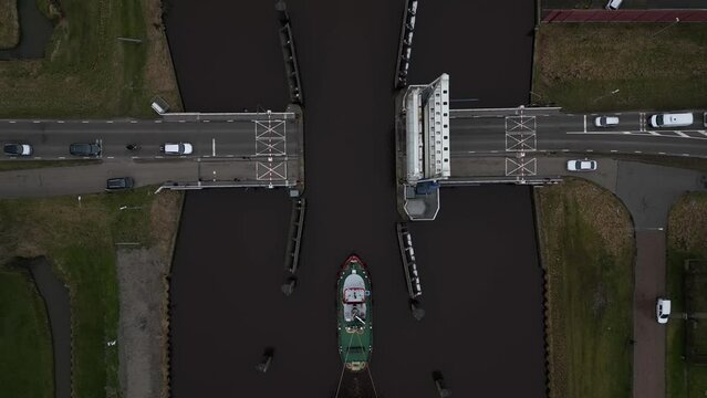 Aerial video of cargo ships in Appingedam Netherlands