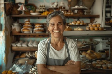 Smiling portrait of a woman working in dessert shop