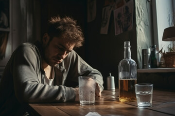 Troubled Young Man with Alcohol Bottle in a Dimly Lit Room