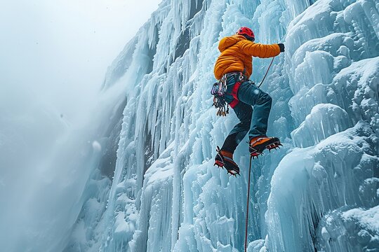 An ice climber ascending a frozen waterfall the ices texture and climbers movement highlighted in vivid detail