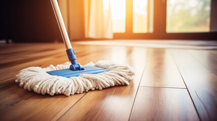 Sunlit Hardwood Floor Cleaning with Mop in Modern Home Interior
