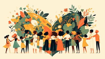 A flat vector illustration shows people holding hands and hugging each other. They stand in front of an open heart made from leaves and flowers. 