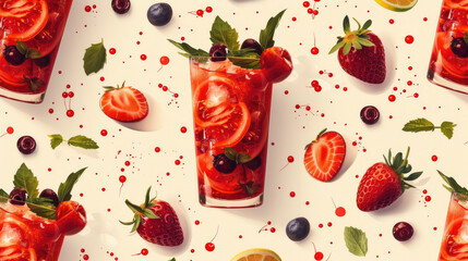 Pattern, design of a glass of red tomato juice and contains strawberries and blueberries. Bloody Mary cocktail with vodka and tomato juice on a background sprinkled with strawberries and mint leaves. 