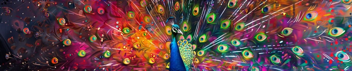 A peacock with neon plumage displaying in a garden, its tail feathers shimmering in a kaleidoscope of colors - obrazy, fototapety, plakaty