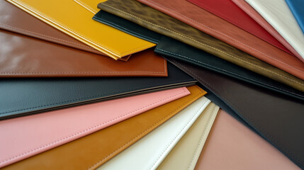 Assorted Leather Samples Material Swatches in Diverse Colors and Textures - Leather Fabric Samples for Fashion and Upholstery Design