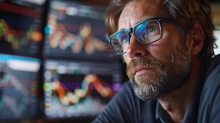 Fototapeta premium A man with glasses looking at a screen of stock prices, AI