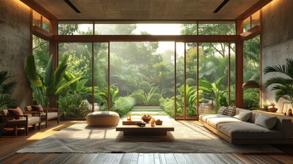 Illustration of an interior landscape of a villa in the tropics on an island in summer - obrazy, fototapety, plakaty