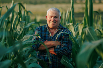 Aging Gracefully in Agriculture A content elderly farmer in his corn sanctuary.