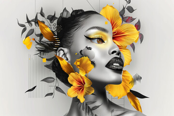 An beautiful african face of a young woman in mixed digital media ctyle. Collage poster with individual floral symbol.